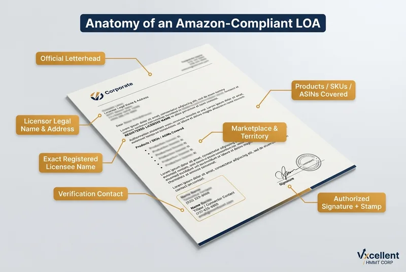 Annotated diagram showing the anatomy of an Amazon-compliant brand authorization letter with all required elements including letterhead, licensee name, products covered, marketplace scope, and authorized signature.