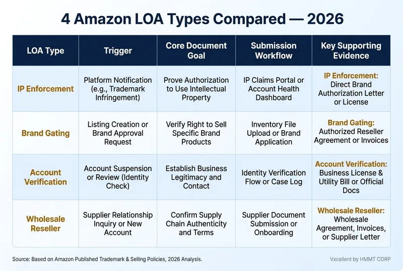 Side-by-side comparison table of the four Amazon brand authorization letter LOA types showing triggers, goals, submission workflows, and required supporting evidence for 2026.