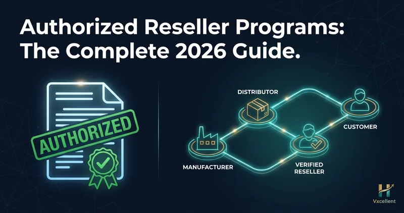 Authorized reseller program complete 2026 guide showing a verified supply chain from manufacturer to reseller with a digital contract seal.