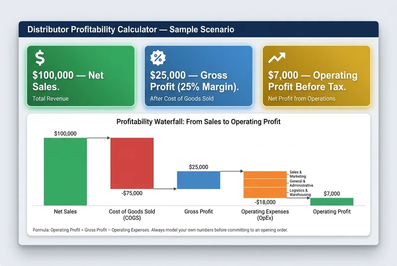 Distributor profitability dashboard showing a sample scenario with $100,000 in sales, $25,000 gross profit, and $7,000 operating profit after expenses.