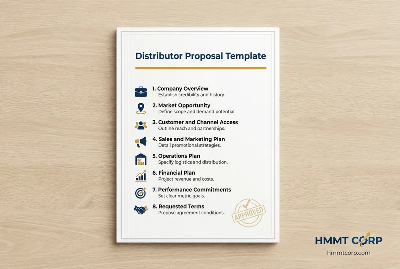 Distributor proposal template showing eight required sections including company overview, market opportunity, sales plan, financial plan, and requested terms.