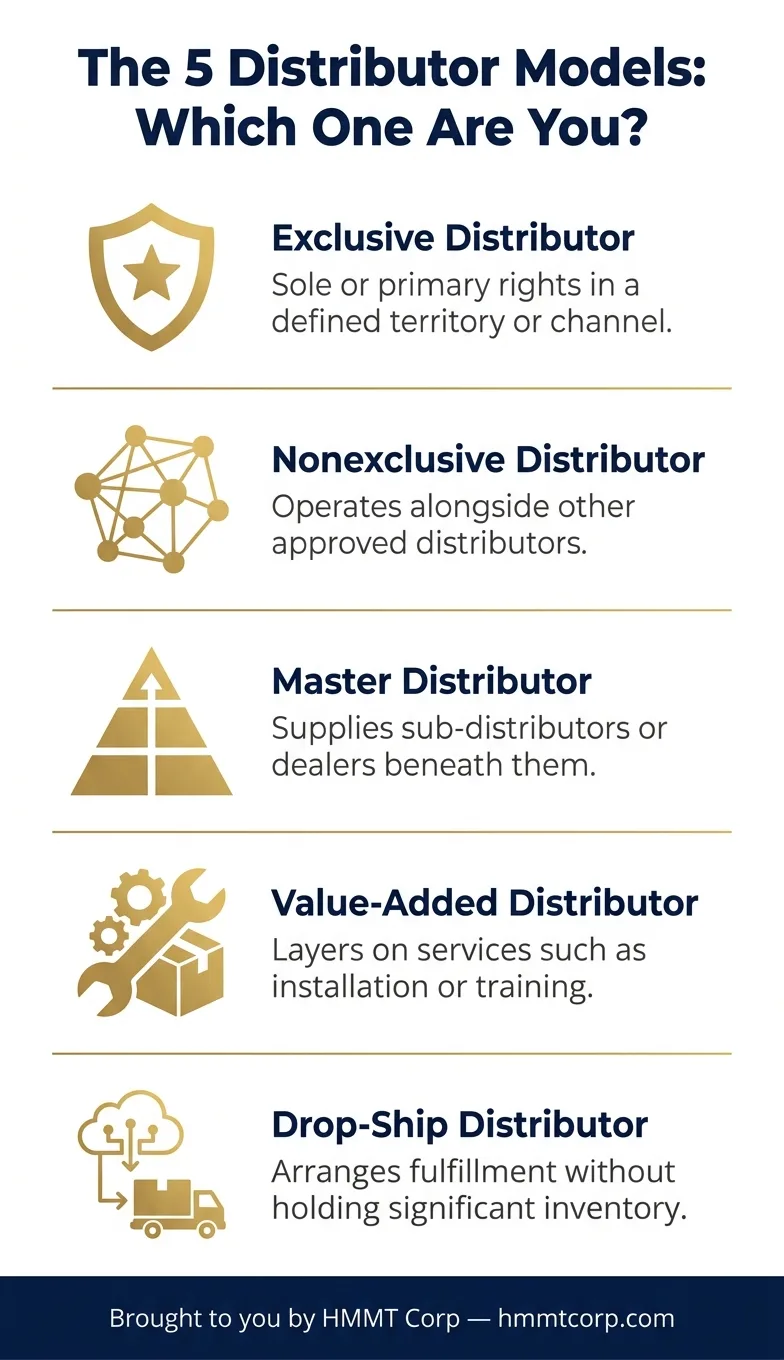 Infographic explaining the five main distributor models: exclusive, nonexclusive, master, value-added, and drop-ship distributors.