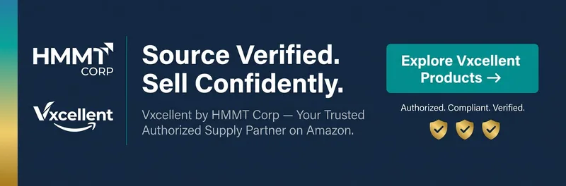HMMT Corp Vxcellent authorized Amazon brand banner inviting sellers and buyers to explore verified authorized reseller products with a call to action.