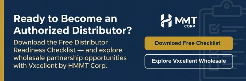 HMMT Corp and Vxcellent brand banner inviting readers to explore authorized wholesale distribution partnership opportunities.